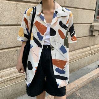 Elbow-sleeve Print Shirt Blue & Yellow & Black - One Size