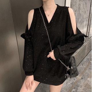 Long-sleeve Off-shoulder Glitter Top Black - One Size