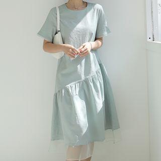 Tulle-trim Shirred Midi Dress