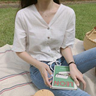 V Neck Plain Drawstring Short Sleeve Crop Top