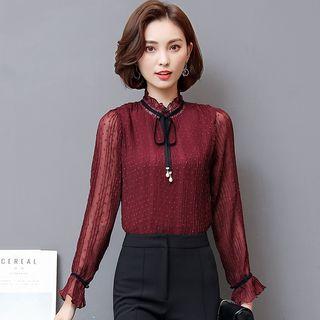 Bow Accent Dotted Chiffon Blouse