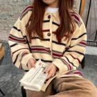 Collared Striped Long-sleeve Sweater Stripe - Almond - One Size