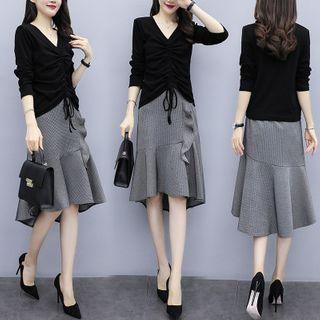 Set: Drawstring Blouse + Ruffled Plaid A-line Skirt