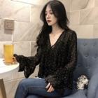 Bell-sleeve Dotted Chiffon Blouse Black - One Size