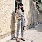 Striped Spaghetti-strap Top / Ripped Straight Cut Jeans / Faux Leather Belt