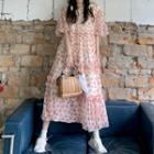 Puff-sleeve Flower Print Midi A-line Dress Pink & Almond - One Size