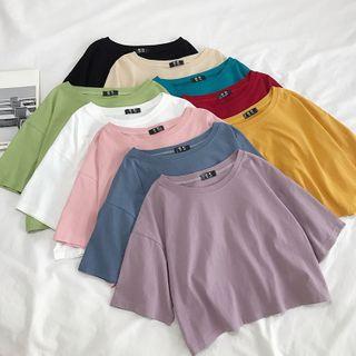 Elbow-sleeve Plain Cropped T-shirt