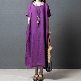 U-neck Short-sleeve Midi Shift Dress