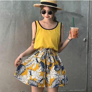 Contrast Trim Tank Top/leaves Print A-line Shorts