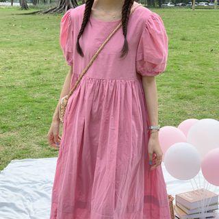 Plain Puff-sleeve Midi Shift Dress
