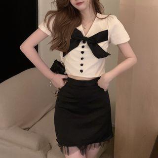 Short-sleeve Bow Blouse / Mesh Ruffle Pencil Skirt