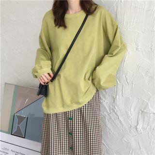 Long-sleeve T-shirt / Plaid Buttoned A-line Midi Skirt