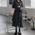 Floral Print Bell-sleeve Midi A-line Dress Black - One Size