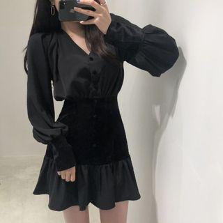V-neck Panel Mini A-line Dress Black - One Size