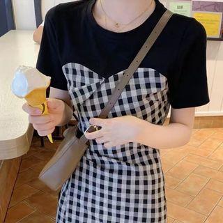 Short-sleeve Plaid Panel Mini Dress (various Designs)
