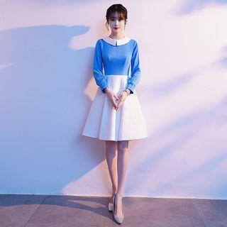 Long-sleeve Collared Two Tone A-line Dress