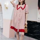 Elbow-sleeve Cherry Print Frill Trim Buttoned Dress