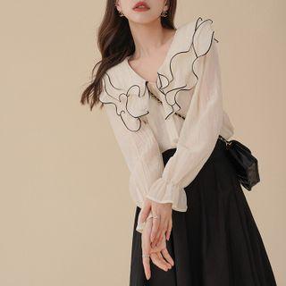 Doll Collar Ruffle Trim Chiffon Blouse