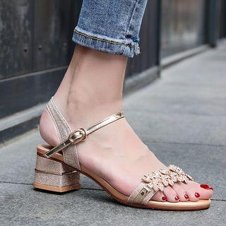 Rhinestone Upper Open Toe Mid-heel Sandals