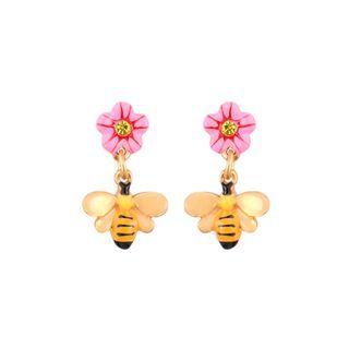 Fashion And Cute Plated Gold Enamel Bee Pink Flower Stud Earrings With Cubic Zirconia Golden - One Size
