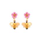 Fashion And Cute Plated Gold Enamel Bee Pink Flower Stud Earrings With Cubic Zirconia Golden - One Size