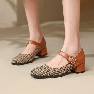 Houndstooth Panel Block-heel Mary Jane Shoes