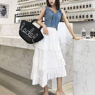 Set: Ruffle Trim Tank Top + High Waist Midi Tiered Skirt
