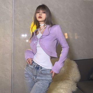 Set: Long-sleeve Crop Polo Shirt + Strappy Halter-neck Top