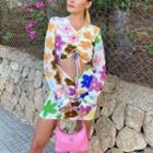 Long-sleeve Floral Print Drawstring Cutout A-line Dress