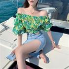 Off-shoulder Floral Print Top / Slim-fit Denim Skirt