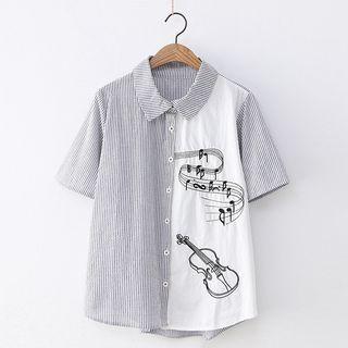 Short-sleeve Striped Paneled Embroidered T-shirt Black & White - One Size