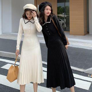 Faux Pearl Collared Midi Accordion Pleat Knit Dress