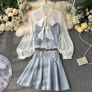 Set: Denim Panel Chiffon Blouse + Lace Up Denim Mini A-line Skirt