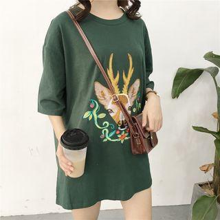 Deer Embroidered Elbow-sleeve Long T-shirt