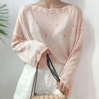 Scallop Neckline Pointelle Knit Sweater