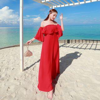 Off-shoulder Floral Plain Chiffon Sundress