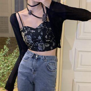 Floral Cropped Camisole Top / Spaghetti Strap Mini Sheath Dress / Plain Cardigan