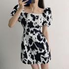 Puff-sleeve Cow Print A-line Dress Black & White - One Size