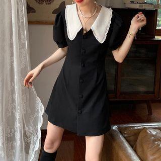 Puff-sleeve Peter Pan-collar Single-breasted Dress