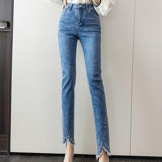 Fray Hem Rhinestone Skinny Jeans