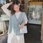 Long-sleeve Plain Midi Dress / Button-up Sweater Vest