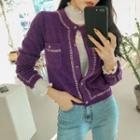 Crew-neck Contrast-trim Furry Cardigan