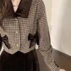 Plaid Button Jacket / Velvet Midi A-line Skirt