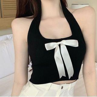 Halter-neck Bow Knit Crop Tank Top