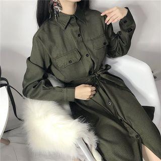 Striped Lace-up Long-sleeve Shirtdress