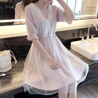 Lace Panel Elbow-sleeve A-line Dress