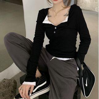 Mock Two-piece Long-sleeve T-shirt / High-waist Sweatpants