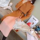 Set: Plain Mock Neck Long Sleeve Side Slit Dress + Pleated Midi Chiffon Skirt