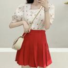 Puff-sleeve Cherry Printed Blouse / Pleated Mini Skirt