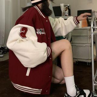 Long-sleeve Color-block Logo Baseball Jacket
